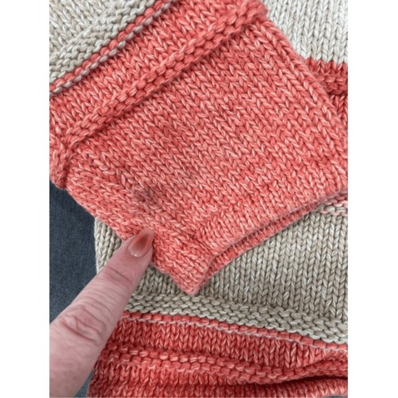 LL Bean Sweater Knit Button Up Cardigan Womens Petite M Pink Orange Cream Stripe - Picture 6 of 7